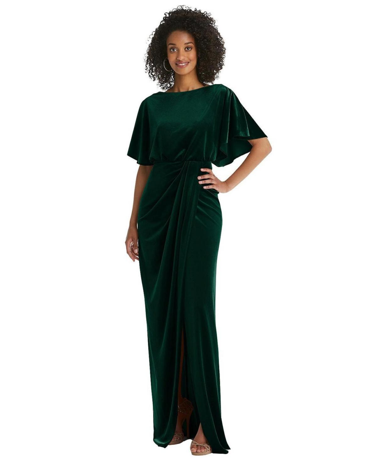 Womens Flutter Sleeve Open-Back Velvet Maxi Dress with Draped Wrap Skirt Product Image