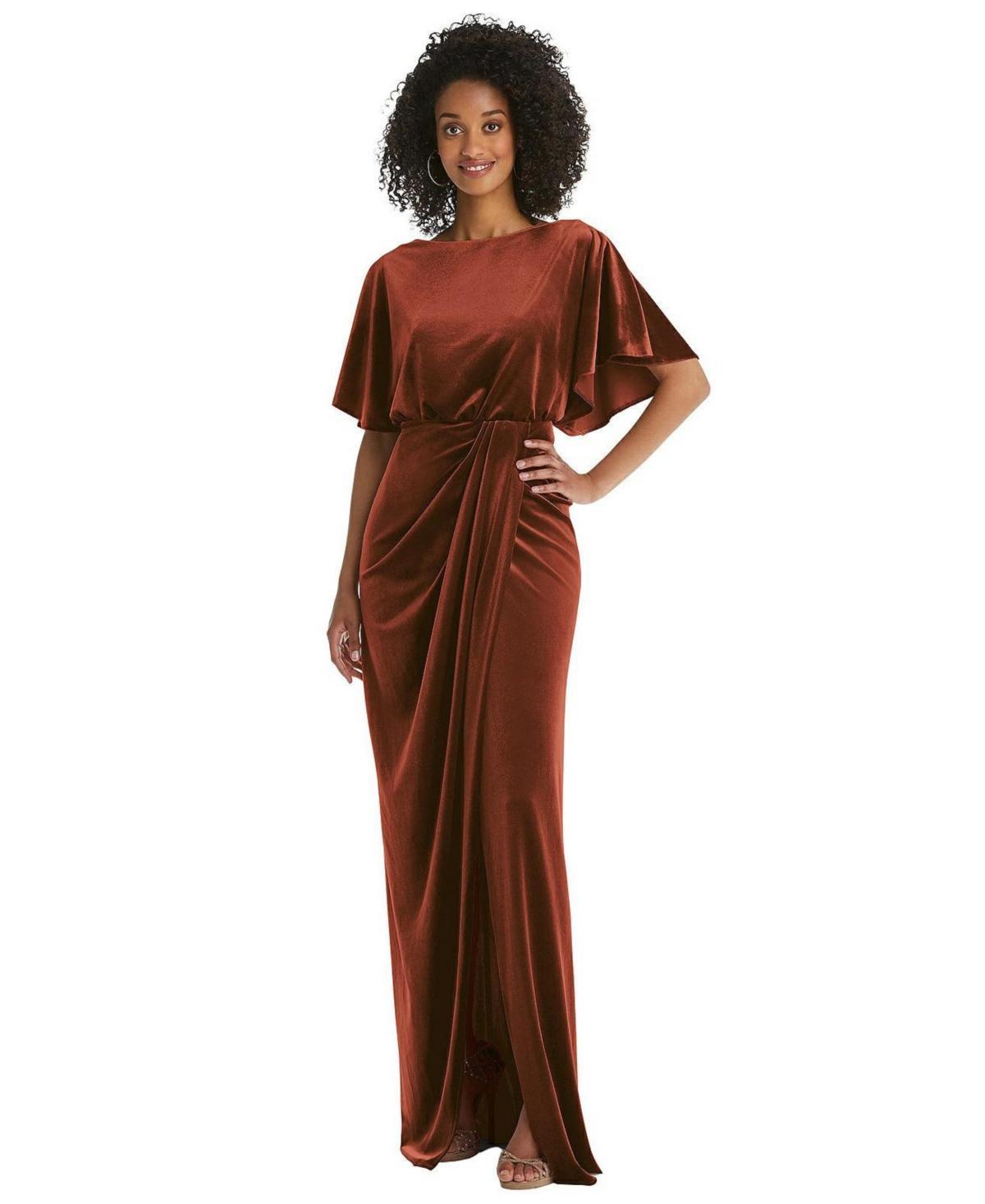 Womens Flutter Sleeve Open-Back Velvet Maxi Dress with Draped Wrap Skirt Product Image