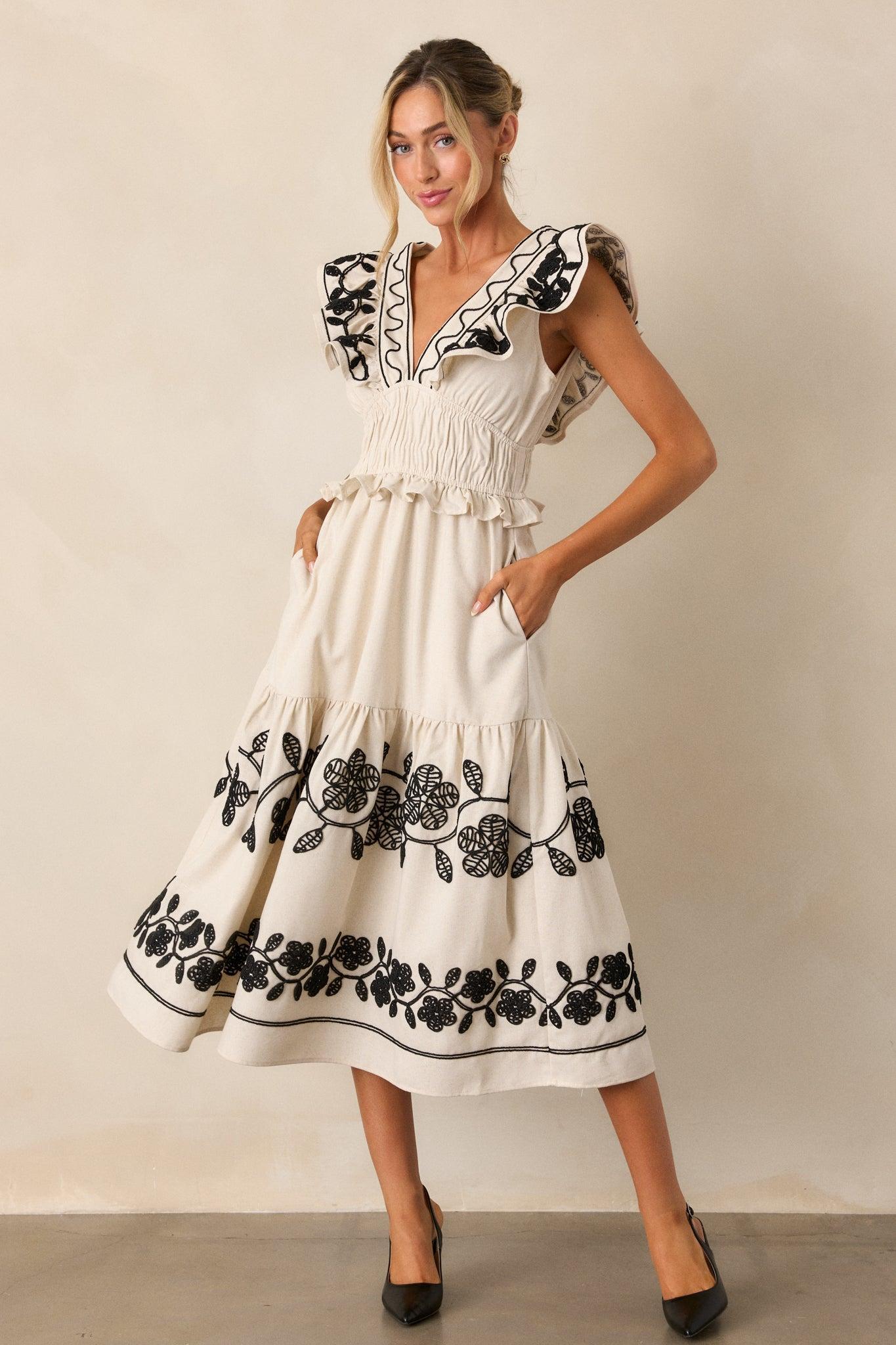 Whispering Pines Beige Flutter Sleeve Midi Dress Product Image