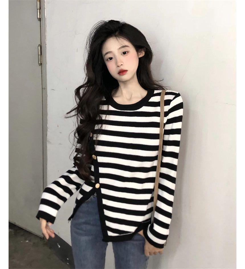 Long-Sleeve Irregular Button-Up Striped Knit Top Product Image