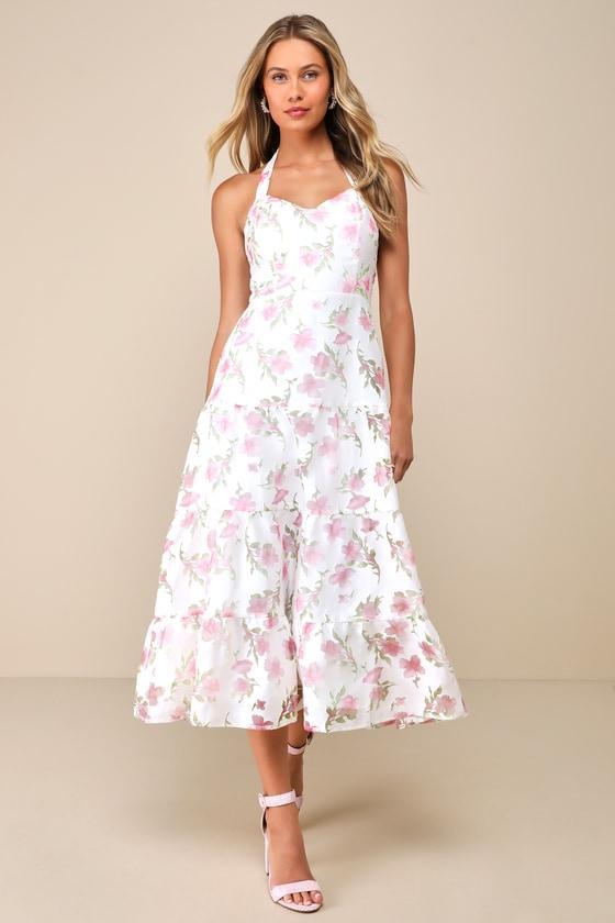 Adored Sweetness Ivory Floral Burnout Lace-Up Halter Midi Dress Product Image