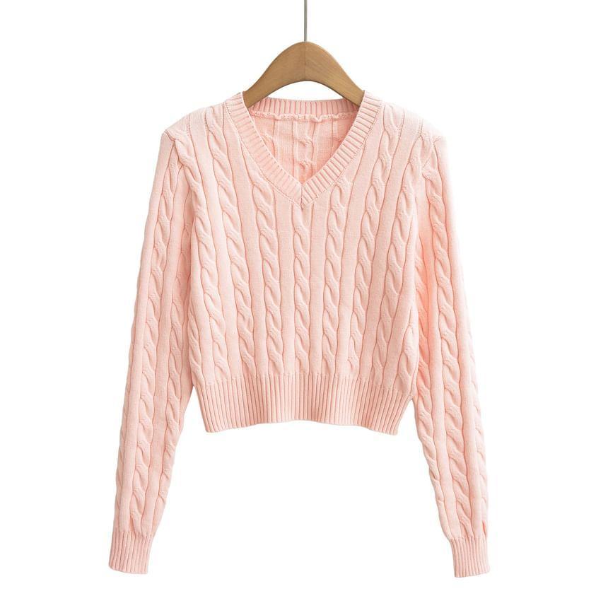 V-Neck Cable Knit Cropped Sweater product image