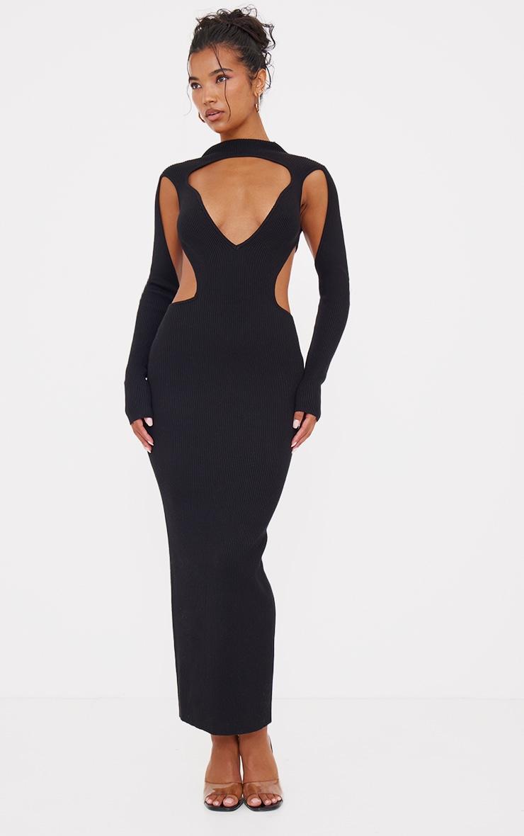 Black Textured Rib Knit Cut Out Maxi Dress Product Image