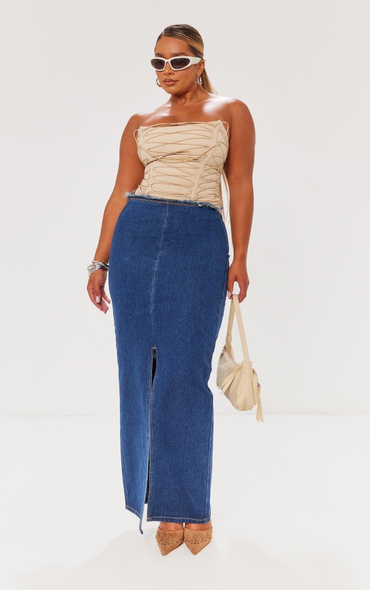 Shape Indigo Blue Wash Denim Raw Edge Maxi Skirt Product Image