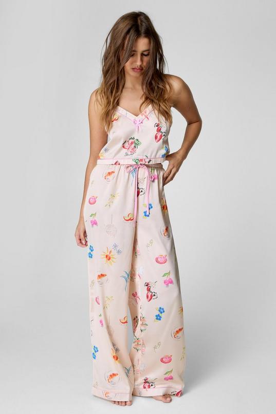 Satin Conversational Print Cami And Pants Pajama Set Product Image