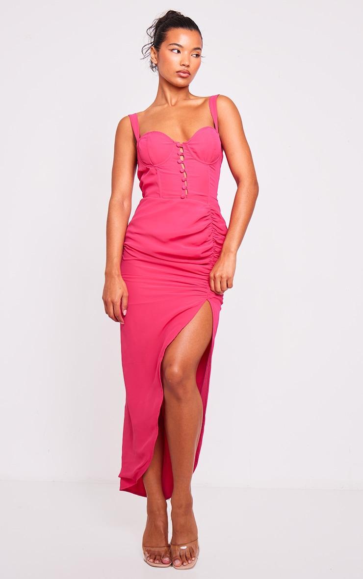 Hot Pink Chiffon Underwired Corset Button Ruched Midaxi Dress product image