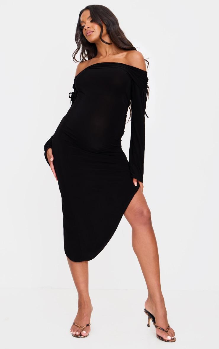 Maternity Black Slinky Bardot Ruched Asymmetric Hem Midi Dress Product Image