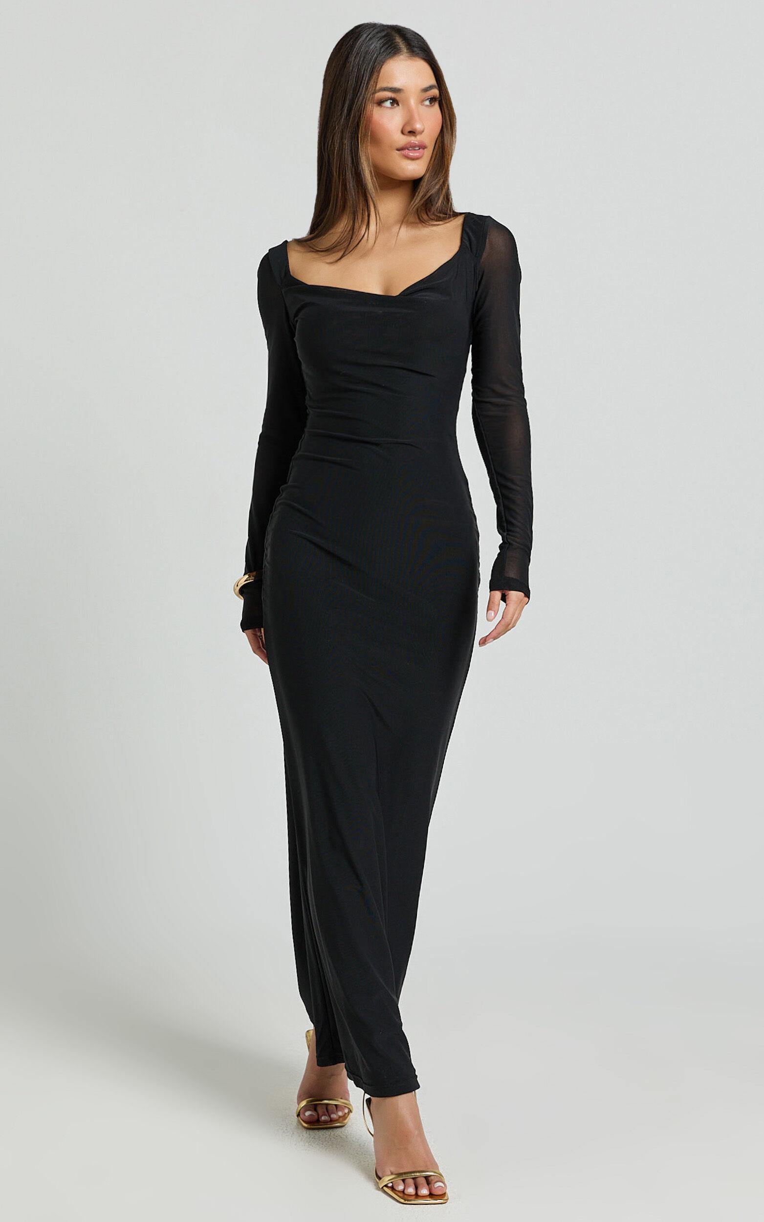 Stephie Maxi Dress - Cowl Neck Low Back Mesh Dress in Black Product Image