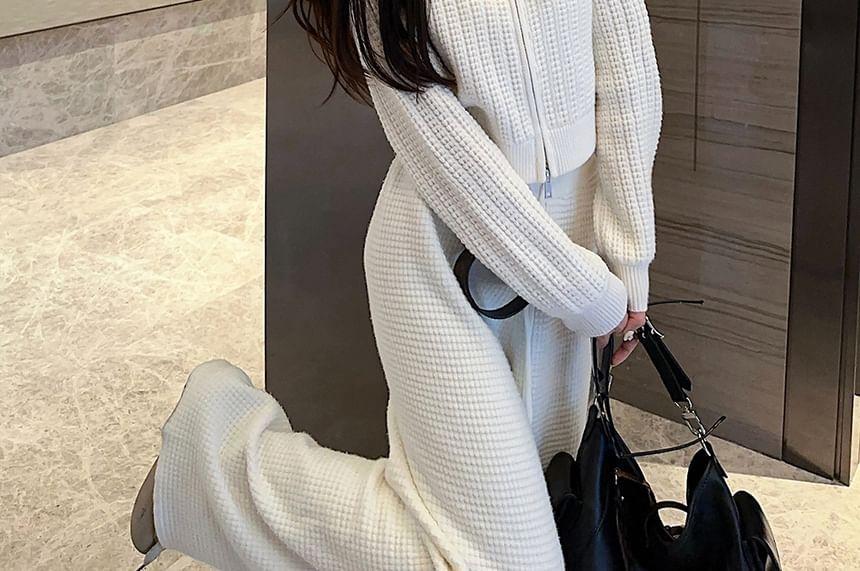 Long-Sleeve Hooded Plain Zip Cardigan / Mid Rise Plain Wide Leg Pants Product Image