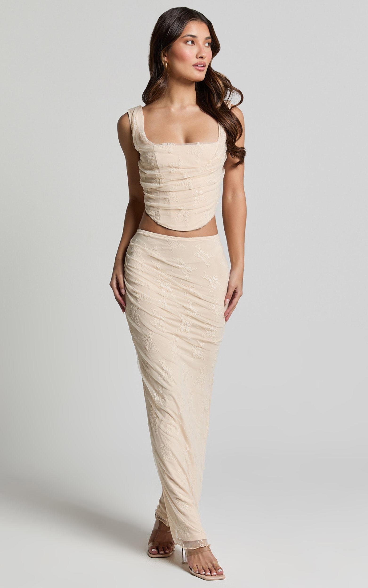 Eloise Two Piece Set - Lace Up Back Corset Top and Slip Skirt Lace Set in Champagne Product Image