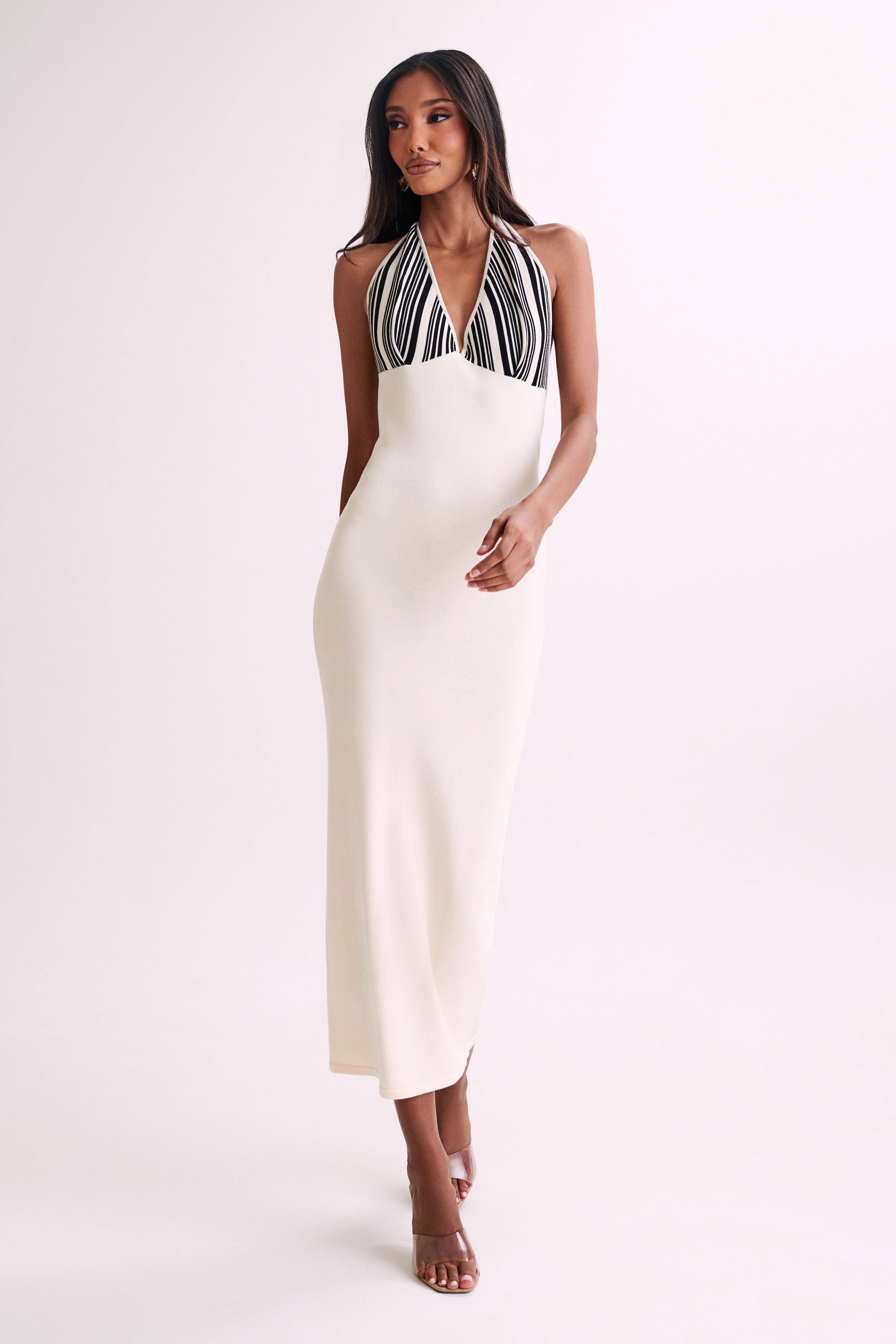 Dana Stripe Knit Halter Midi Dress - Ivory Product Image