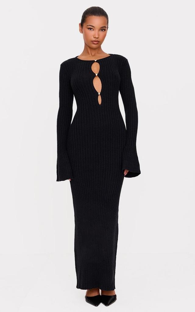 Black Soft Knit Flared Sleeve Cut Out Front Maxi Dress Product Image