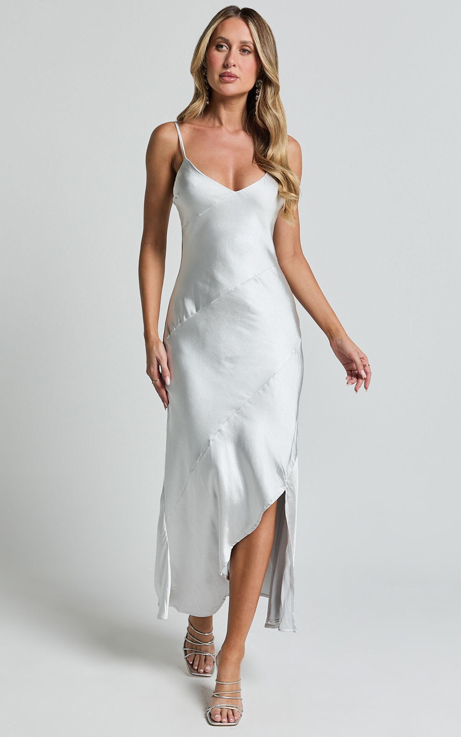 Ylona Maxi Dress - Asymmetric Draped Bias Cut Satin Slip Dress in Oyster Product Image