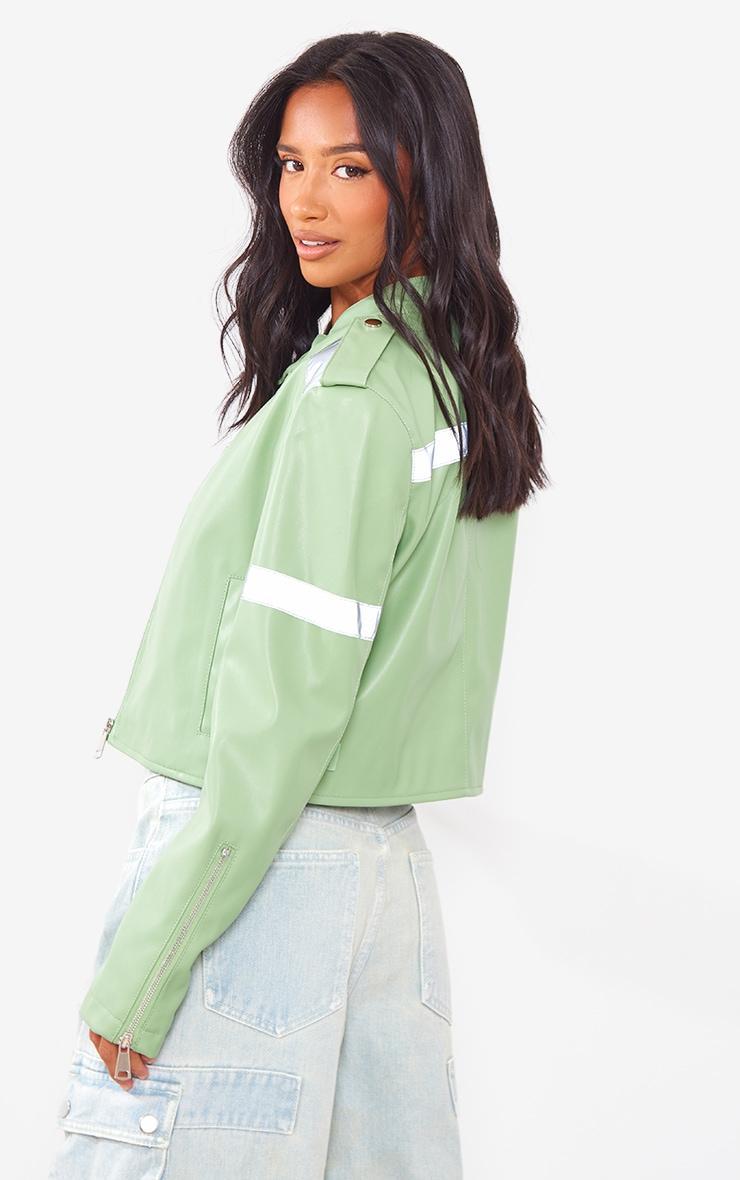 Petite Sage Green Cropped PU Racer Jacket Product Image