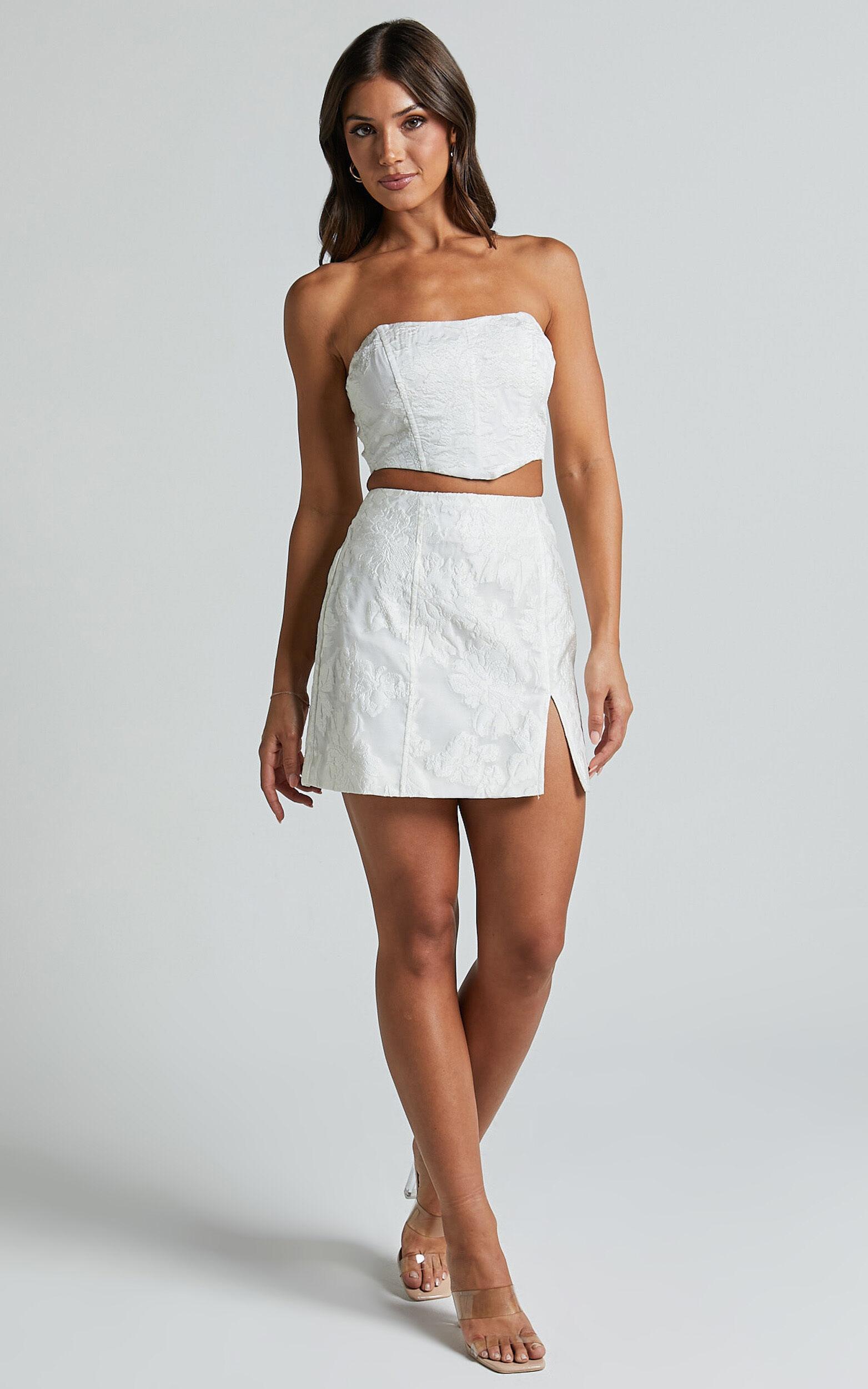 Brailey Mini Skirt - Split Jacquard Skirt in White Product Image