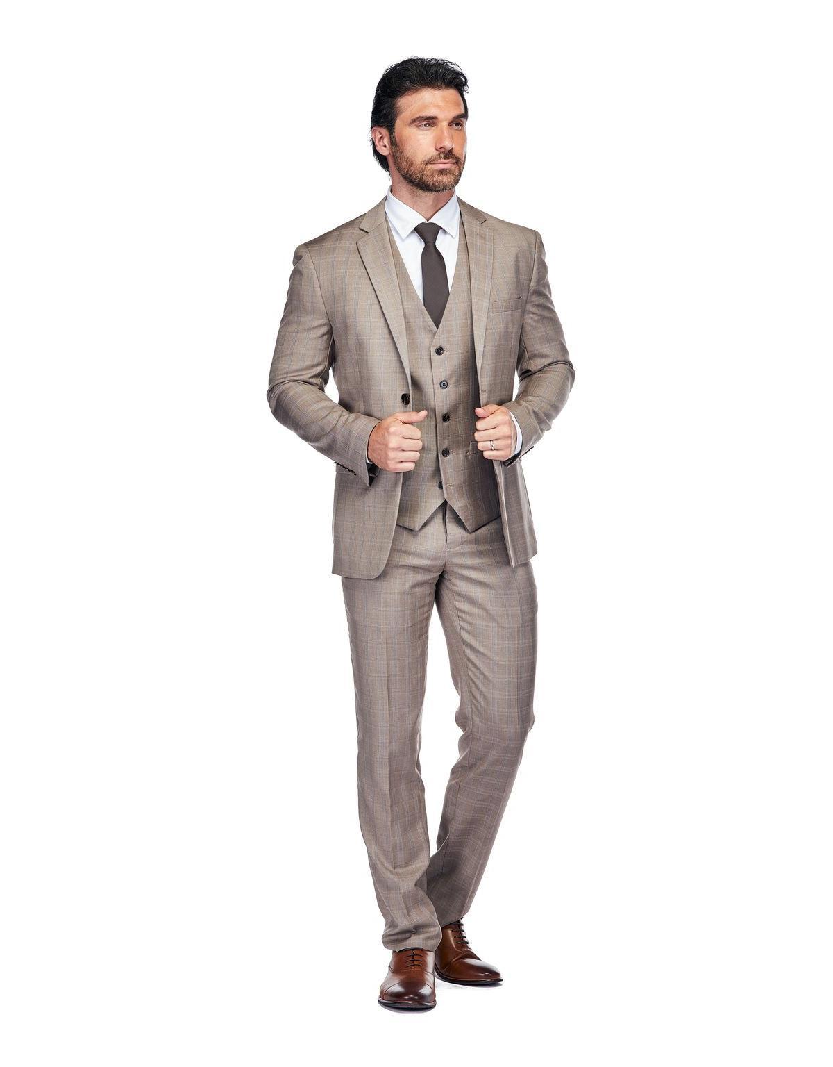 Gino Vitale Mens 3 Piece Slim Fit Brown Check Suit Product Image