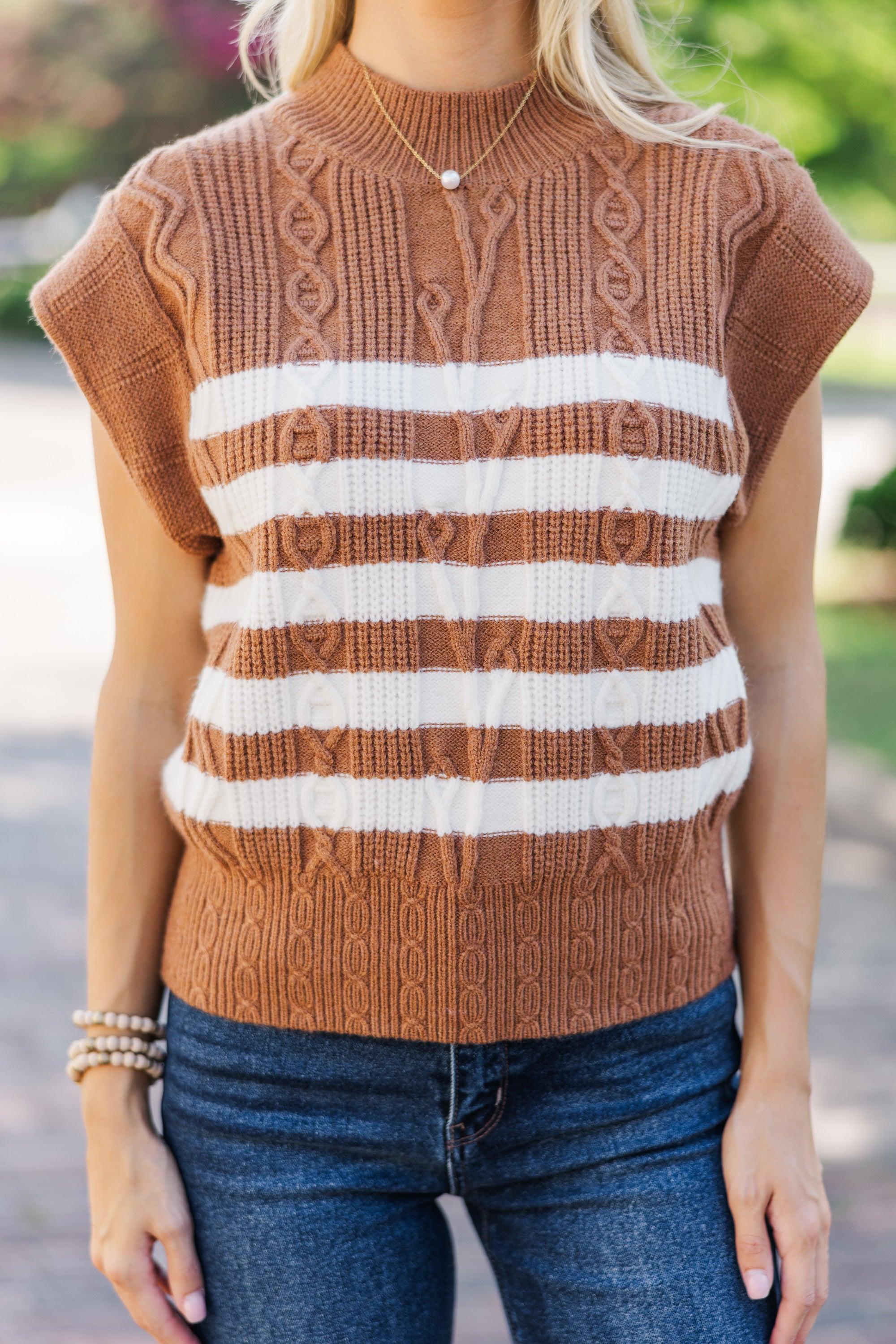 Get It Going Camel Brown Striped Cable Knit Sweater Top Female Product Image