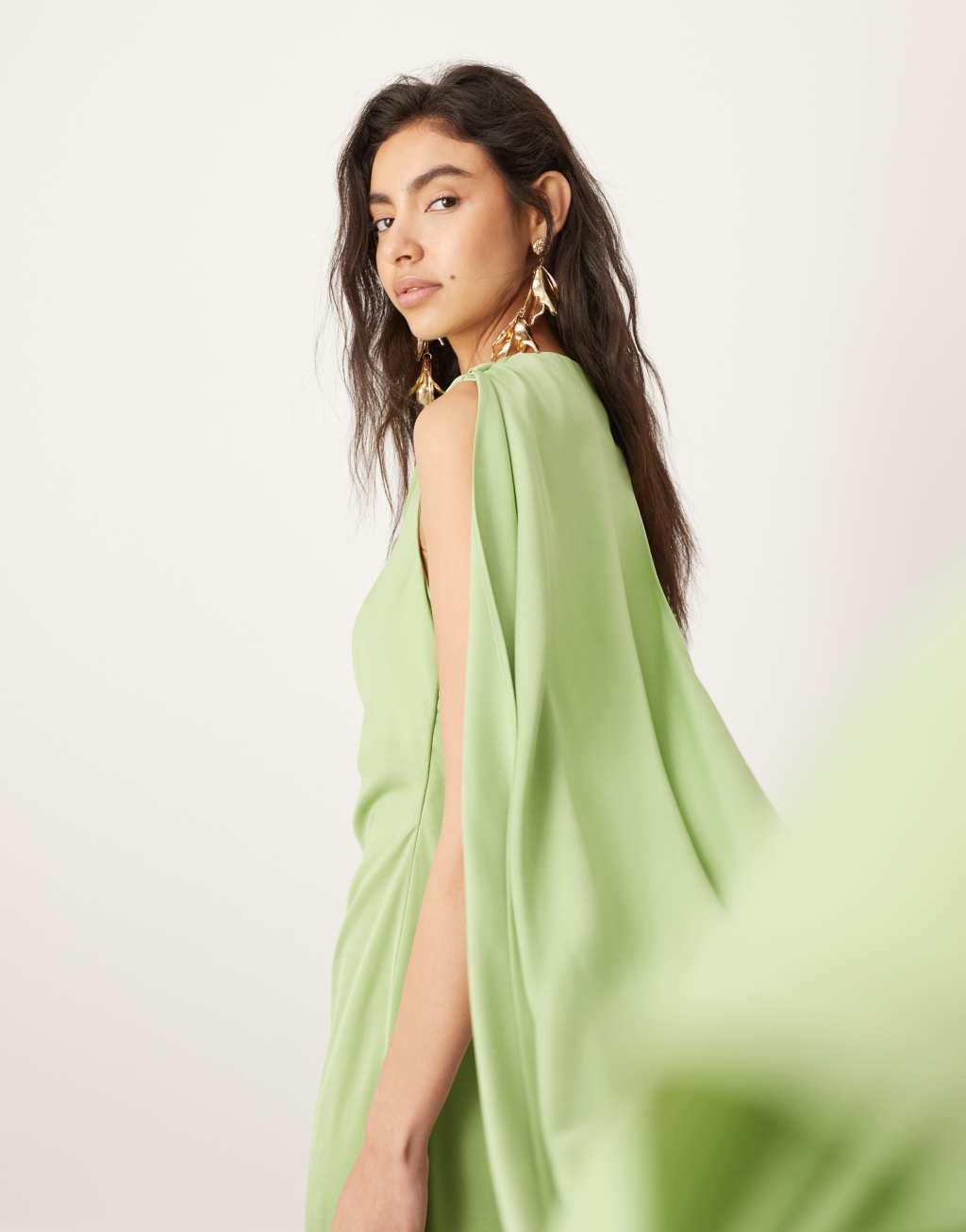 ASOS EDITION satin drape detail maxi dress with ruched waist in sage Product Image