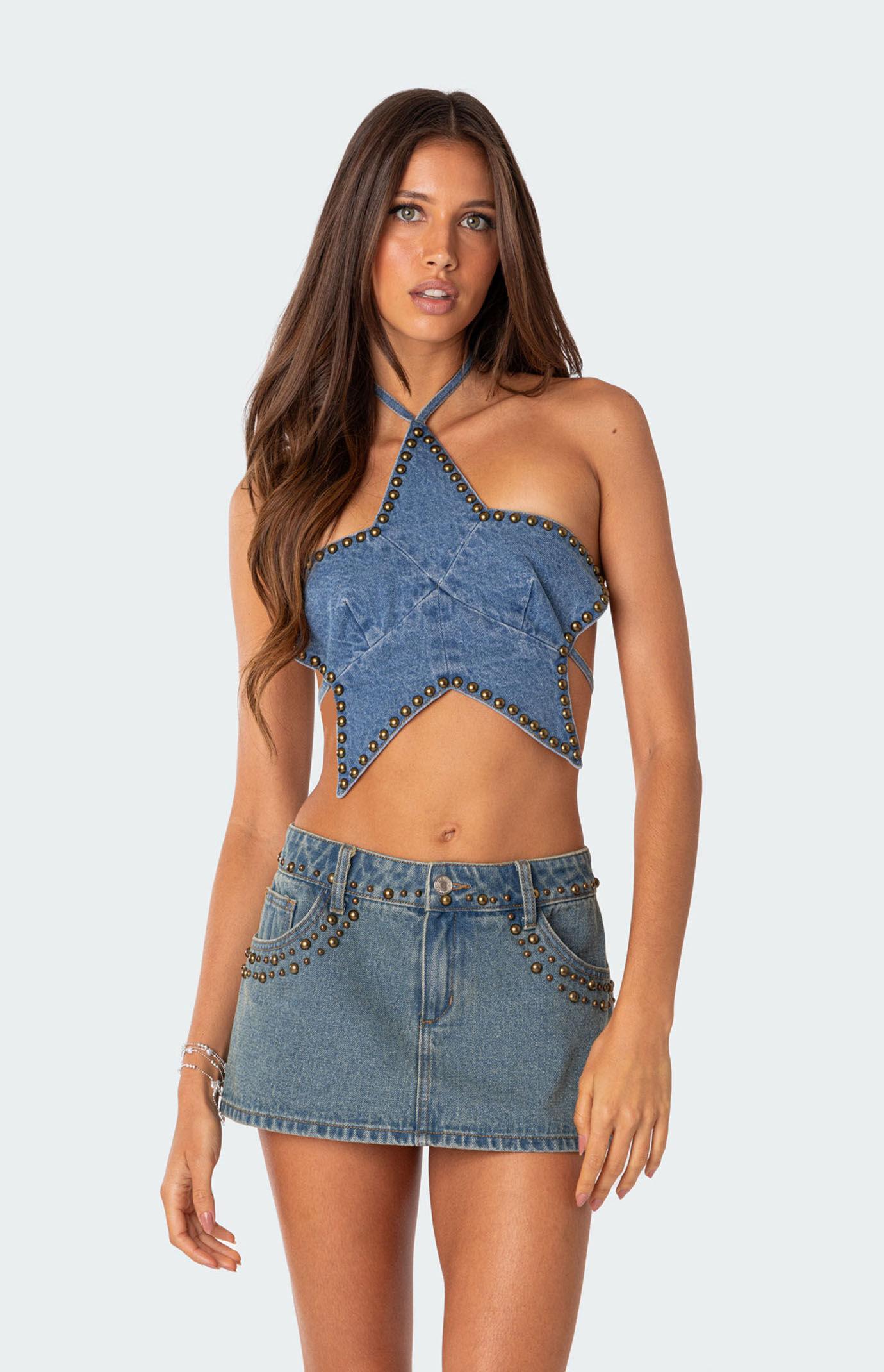 Edikted Women's Starlet Studded Denim Crop Top Product Image