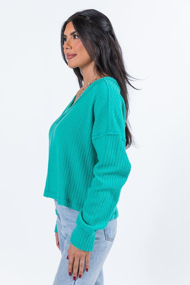 Living Right Seafoam Ribbed V-Neck Knit Top FINAL SALE Product Image