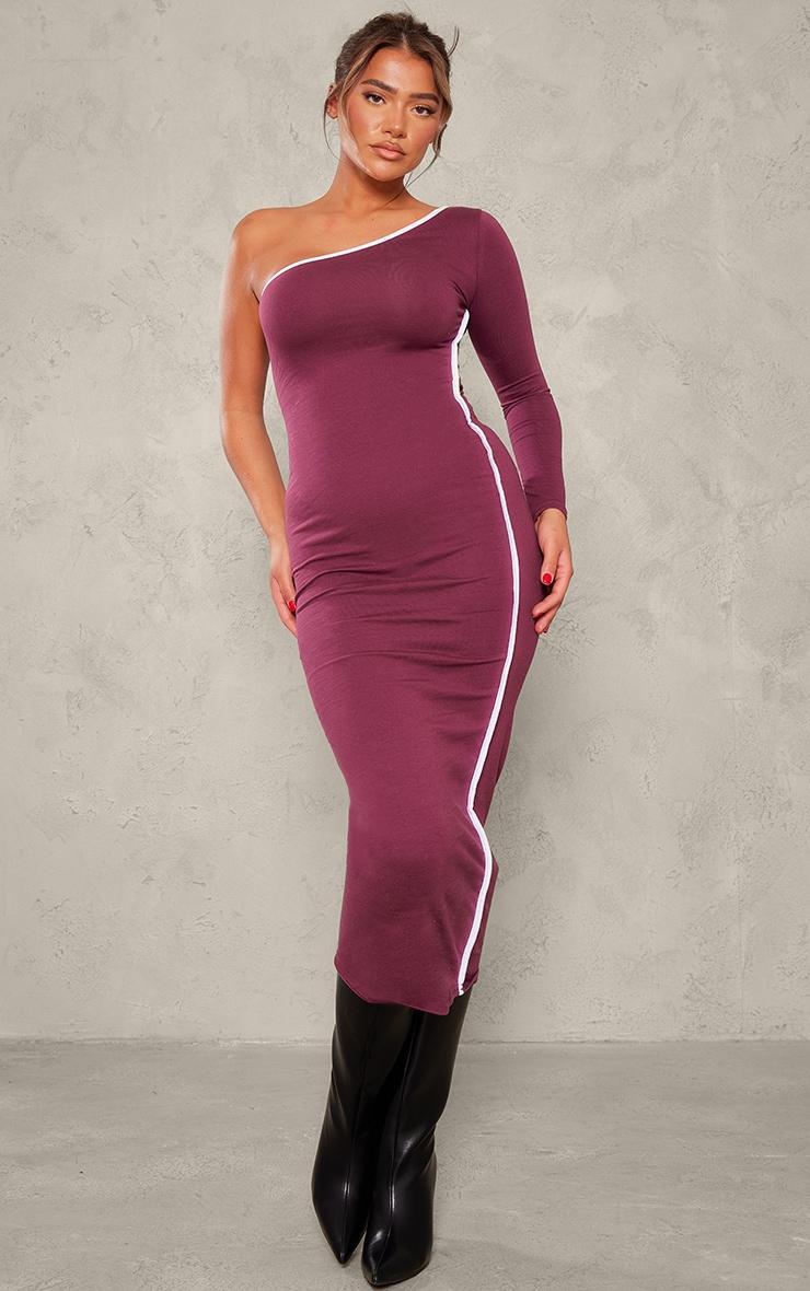 Burgundy Cotton Contrast Seam One Shoulder Midaxi Dress Product Image