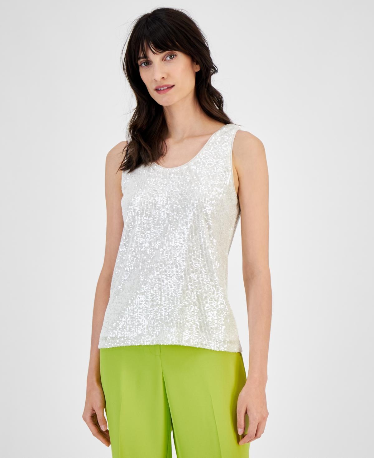 Anne Klein Womens Sequined Mesh Scoop-Neck Tank Top Product Image