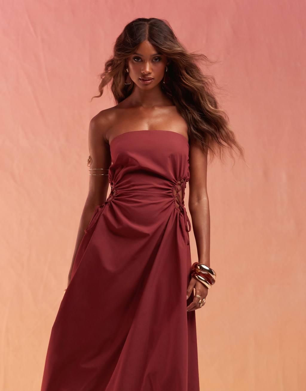 ASOS DESIGN bandeau midi dress with lattice detail waist in burgundy Product Image