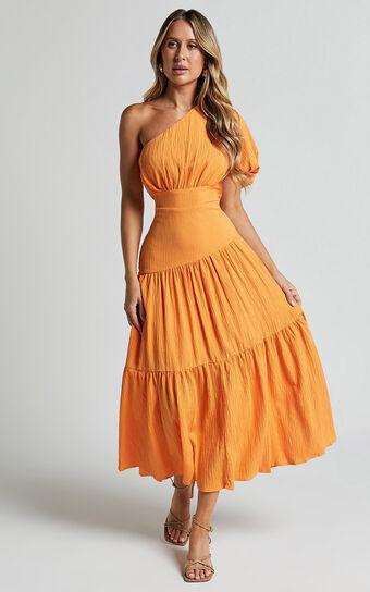 Ciara Midi Dress - One Shoulder Short Puff Sleeve Tiered Dress in Mango Product Image