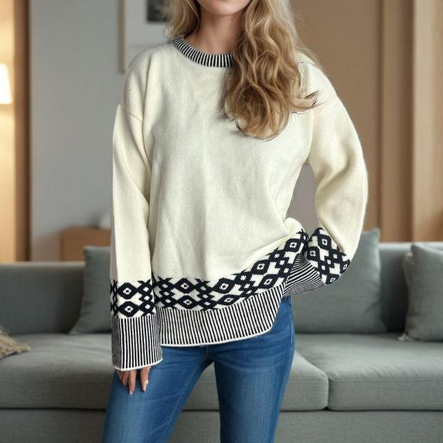 Round Neck Pattern Jacquard Sweater Product Image