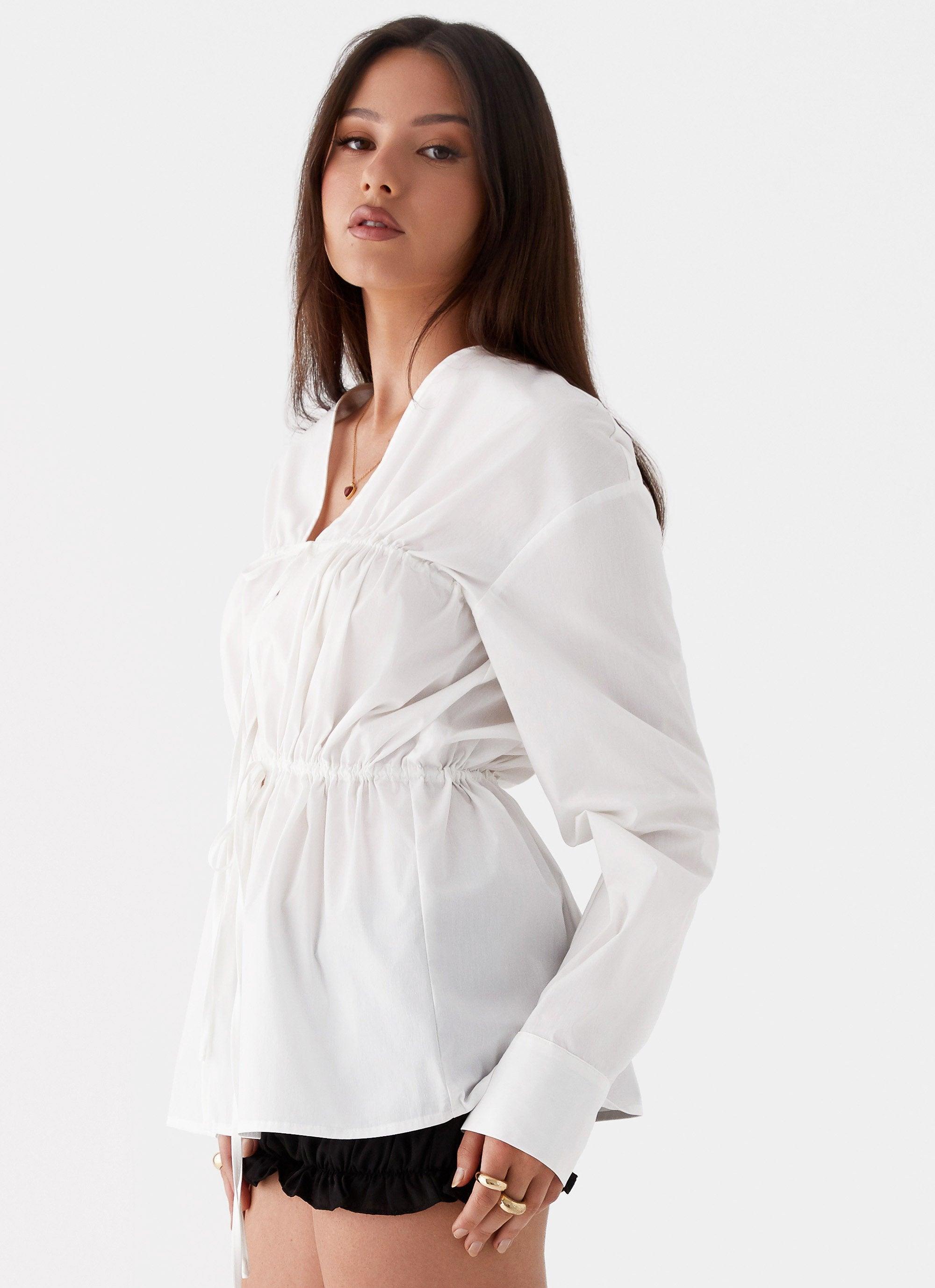 Bridget Ruched Tie Front Shirt - White Product Image