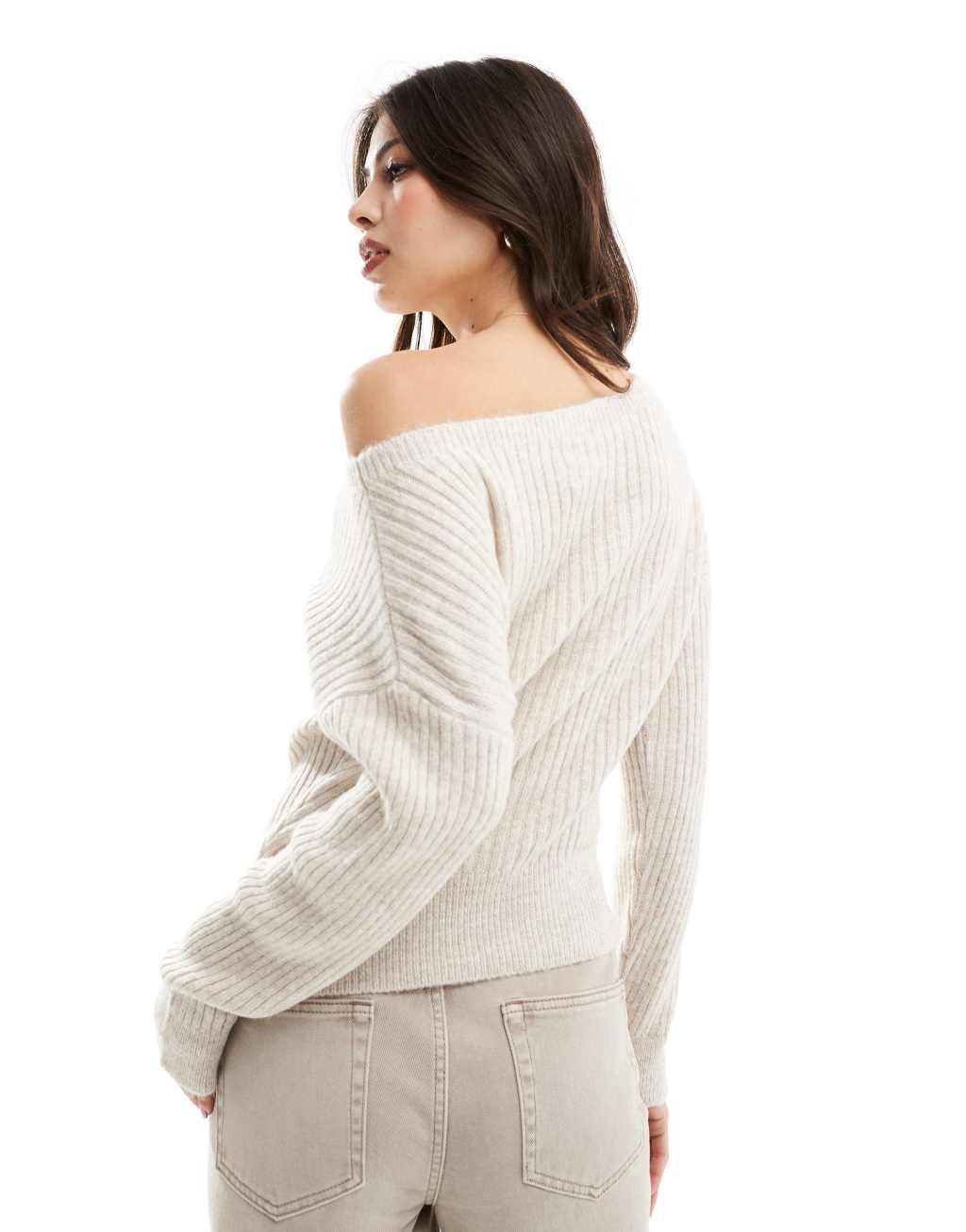 ASOS DESIGN off the shoulder knitted sweater in ecru Product Image