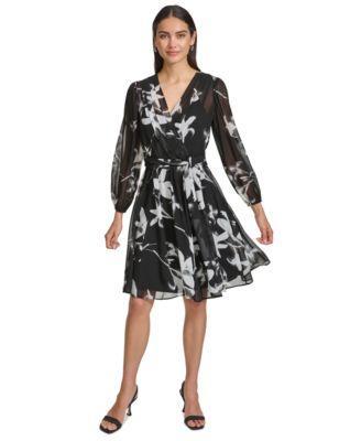 Women's Floral-Print Chiffon Faux-Wrap Dress Product Image