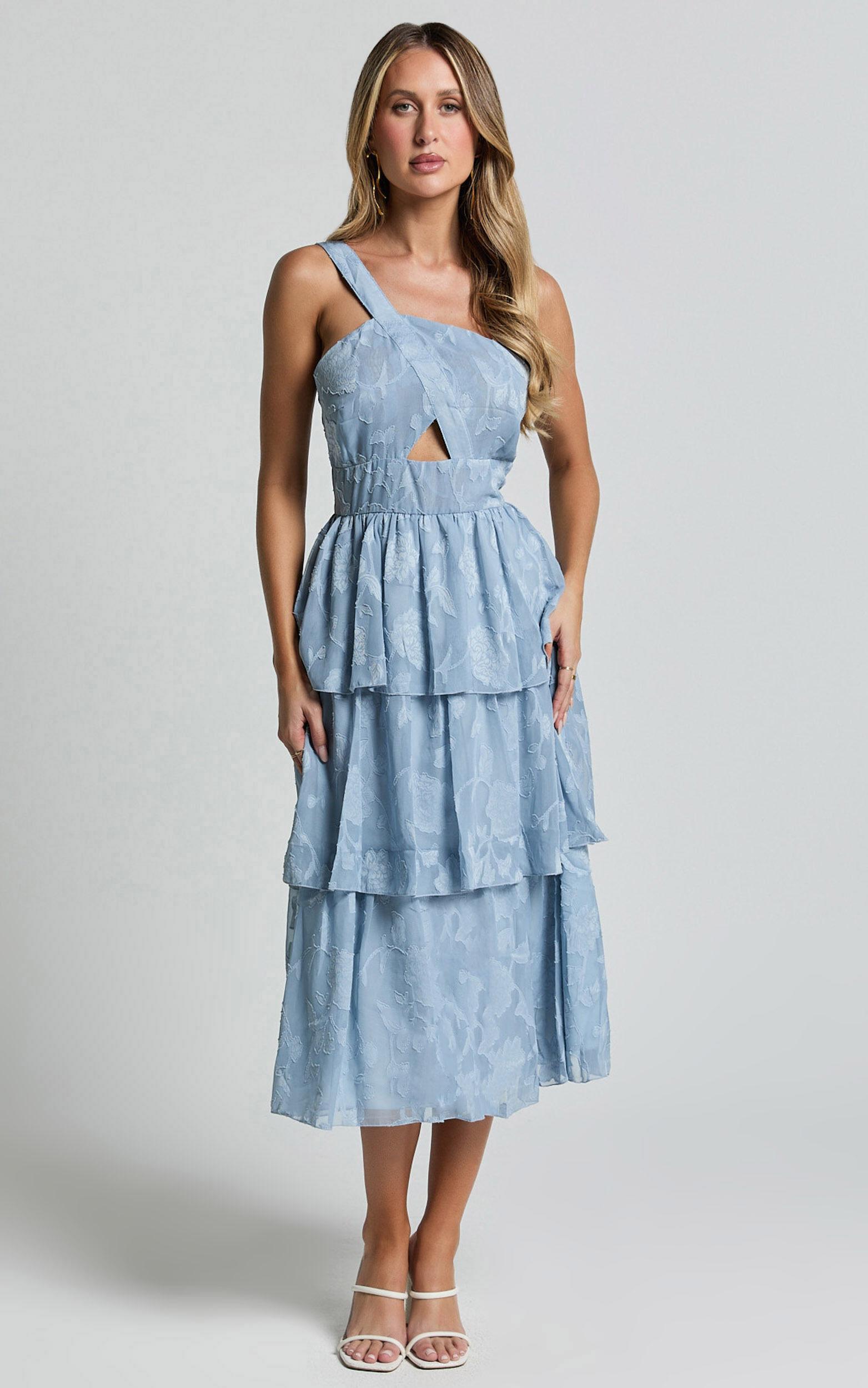 Alvinia Midi Dress - One Shoulder Cut Out Tiered Dress in Light Blue Product Image