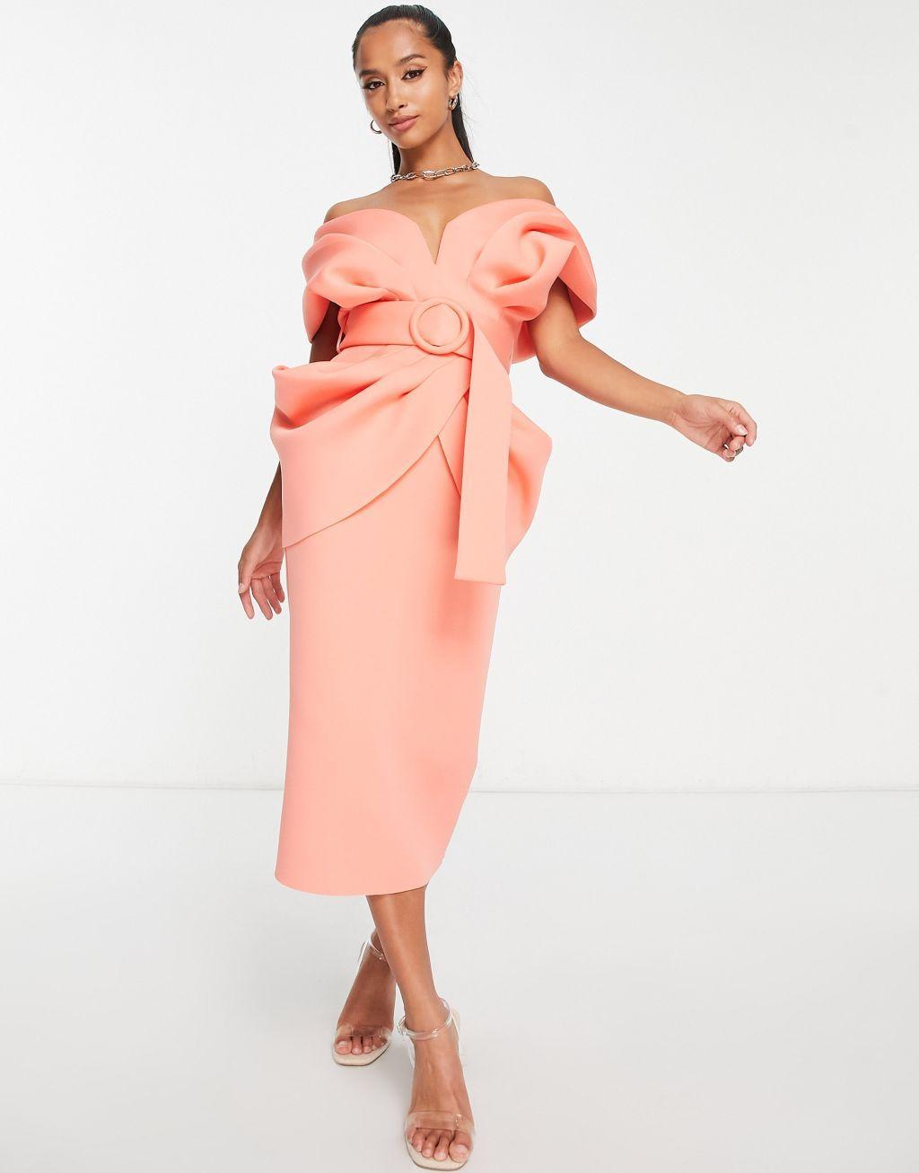 ASOS DESIGN Petite drape shoulder belted midi dress Product Image