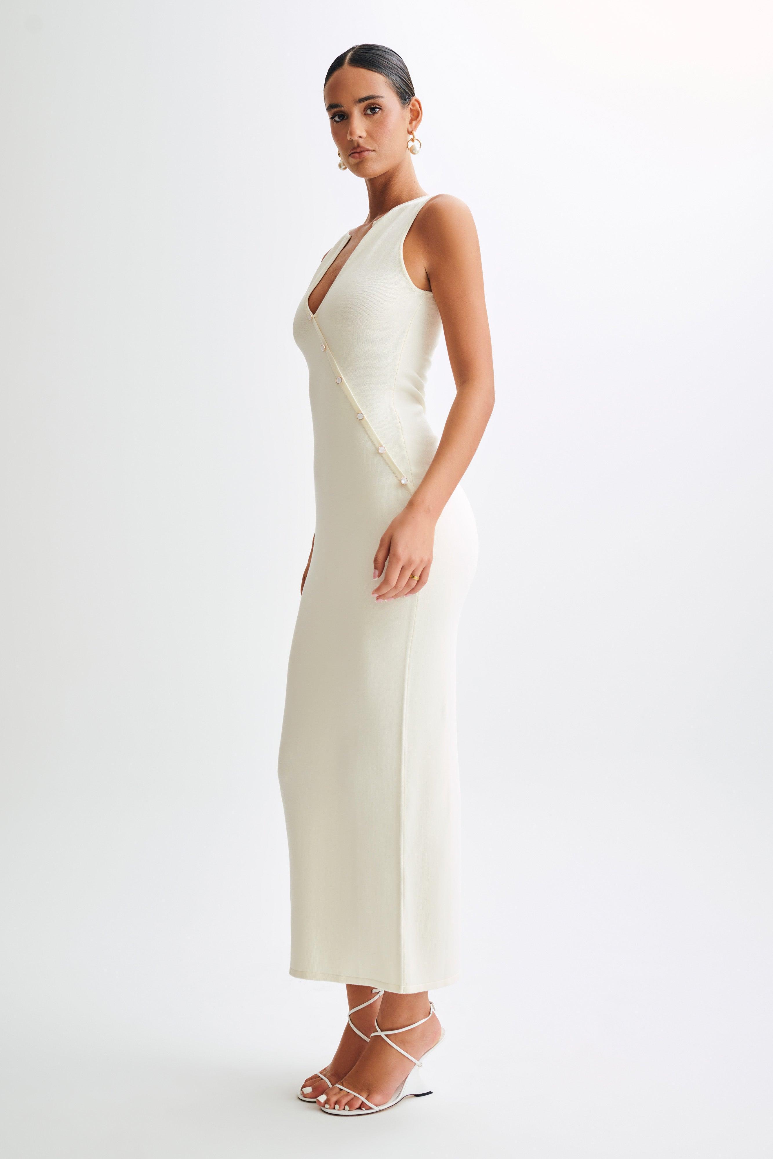 Marina Sleeveless Buttoned Knit Midi Dress - Ivory Product Image