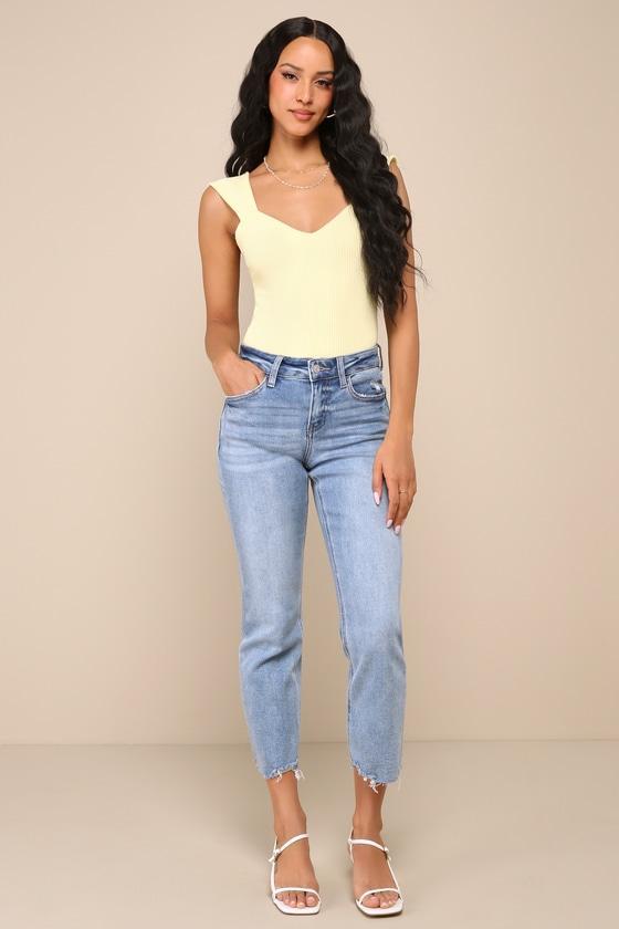 Ideal Pick Medium Wash Cropped Raw Hem Mid-Rise Jeans Product Image