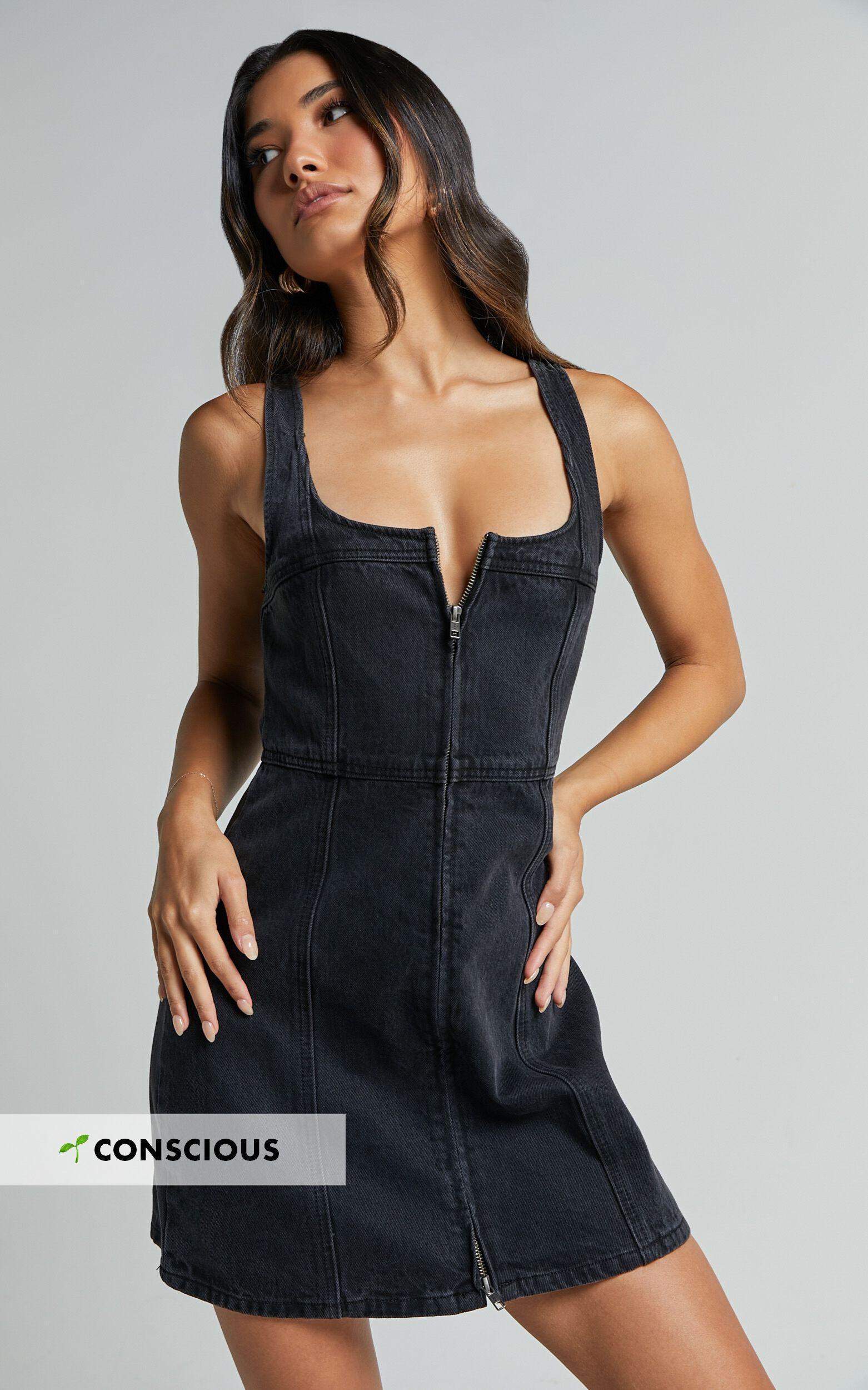 Chrysoula Mini Dress - Square Neck Zip Front Sleeveless Bodycon Denim in Washed Black Product Image