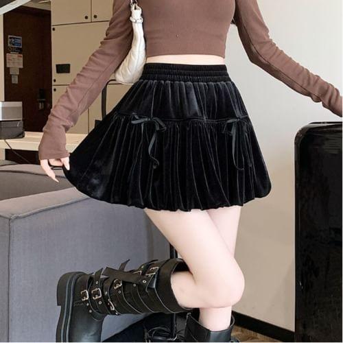 High Rise Plain Bow Mini A-Line Skirt Product Image