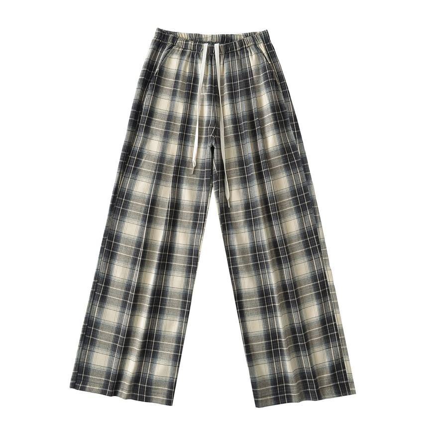 Drawstring Waist Plaid Wide Leg Pants Product Image