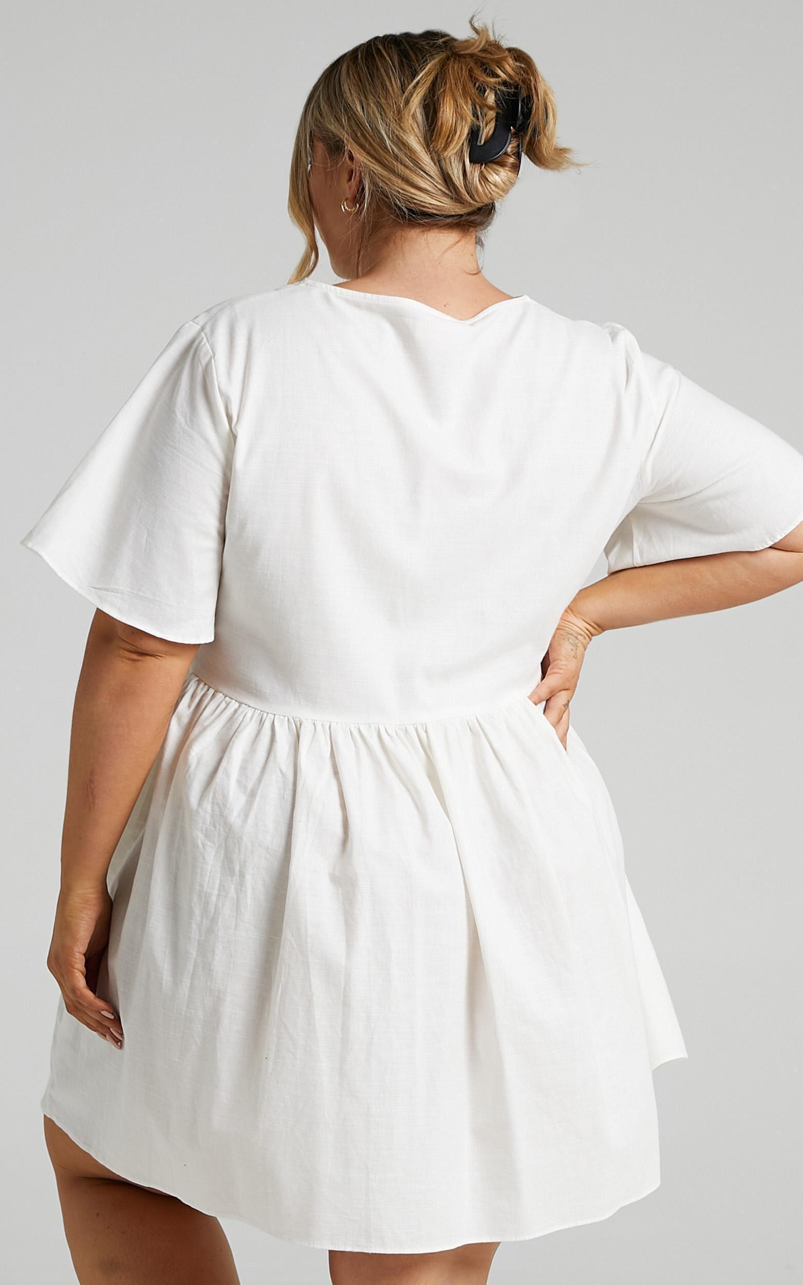 Staycation Mini Dress - Smock Button Up Dress in White Product Image