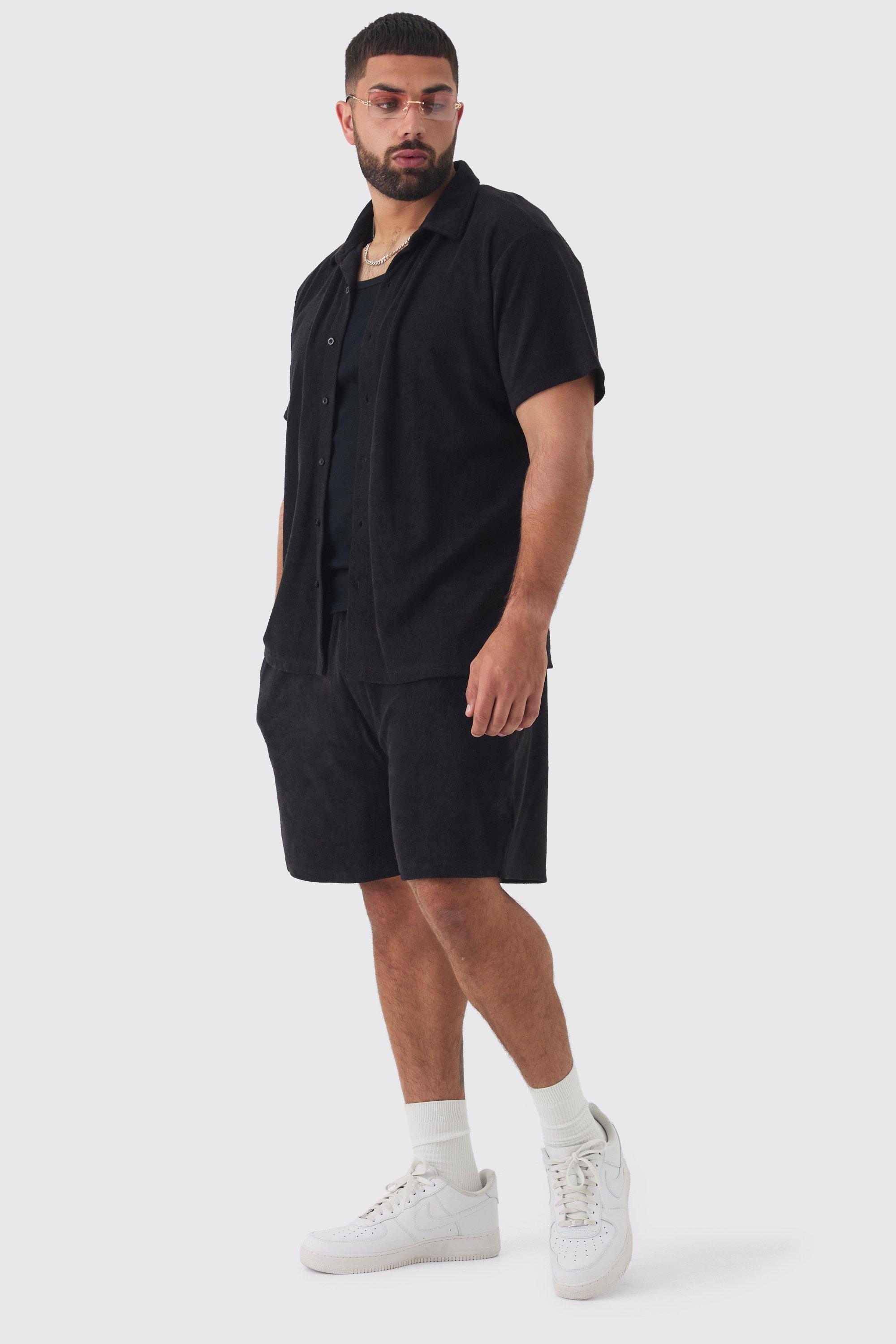 Plus Towelling Shirt & Short Set In Black | boohooMAN USA Product Image