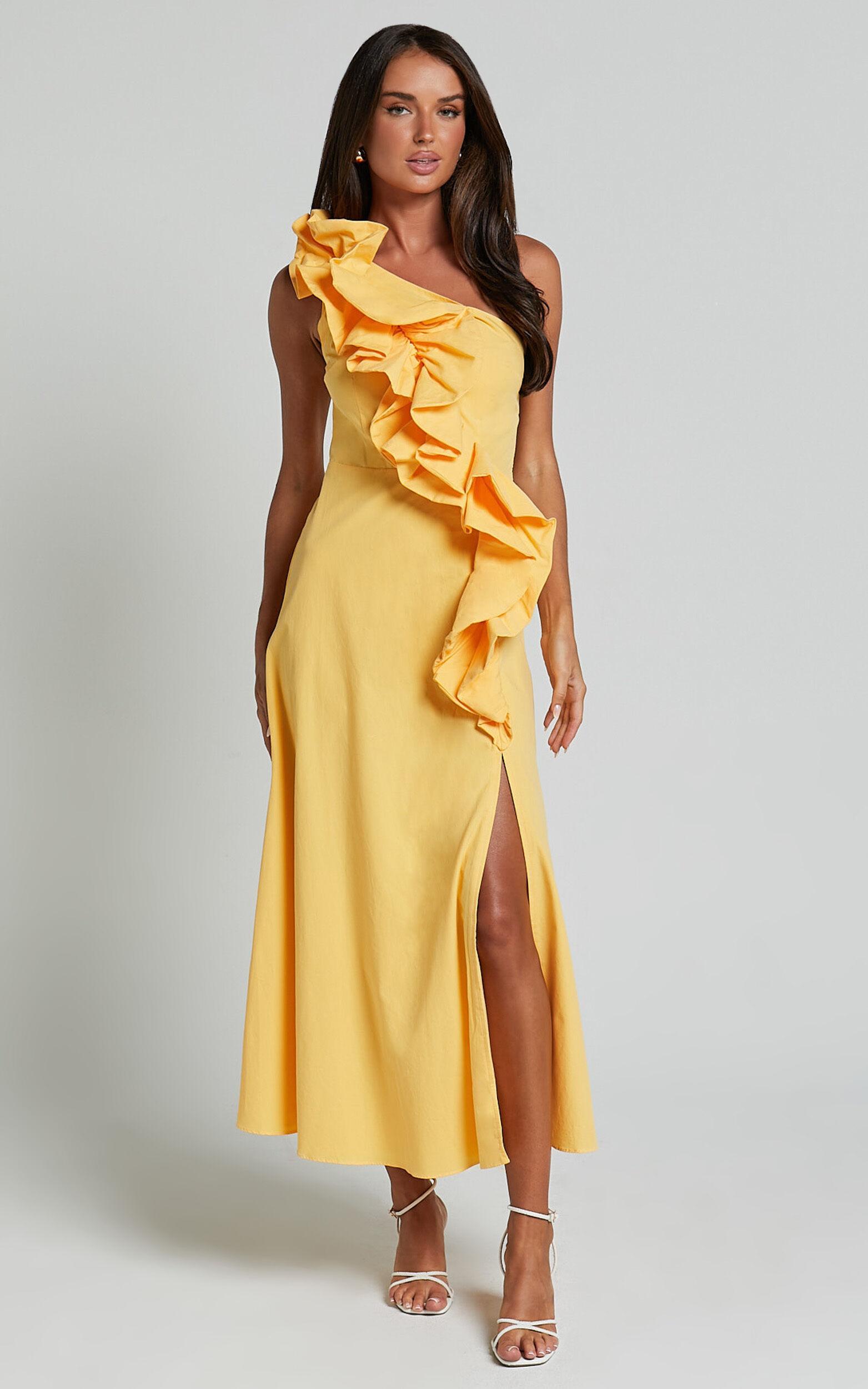 Rita Midi Dress - One Shoulder Ruffle Detail Dress in Yellow Product Image