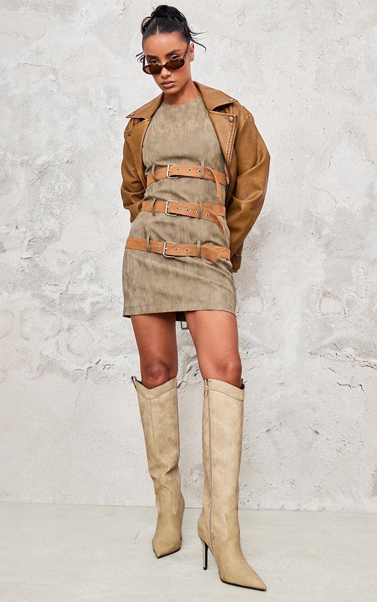 Khaki Faux Leather Belted Bodycon Dress Product Image