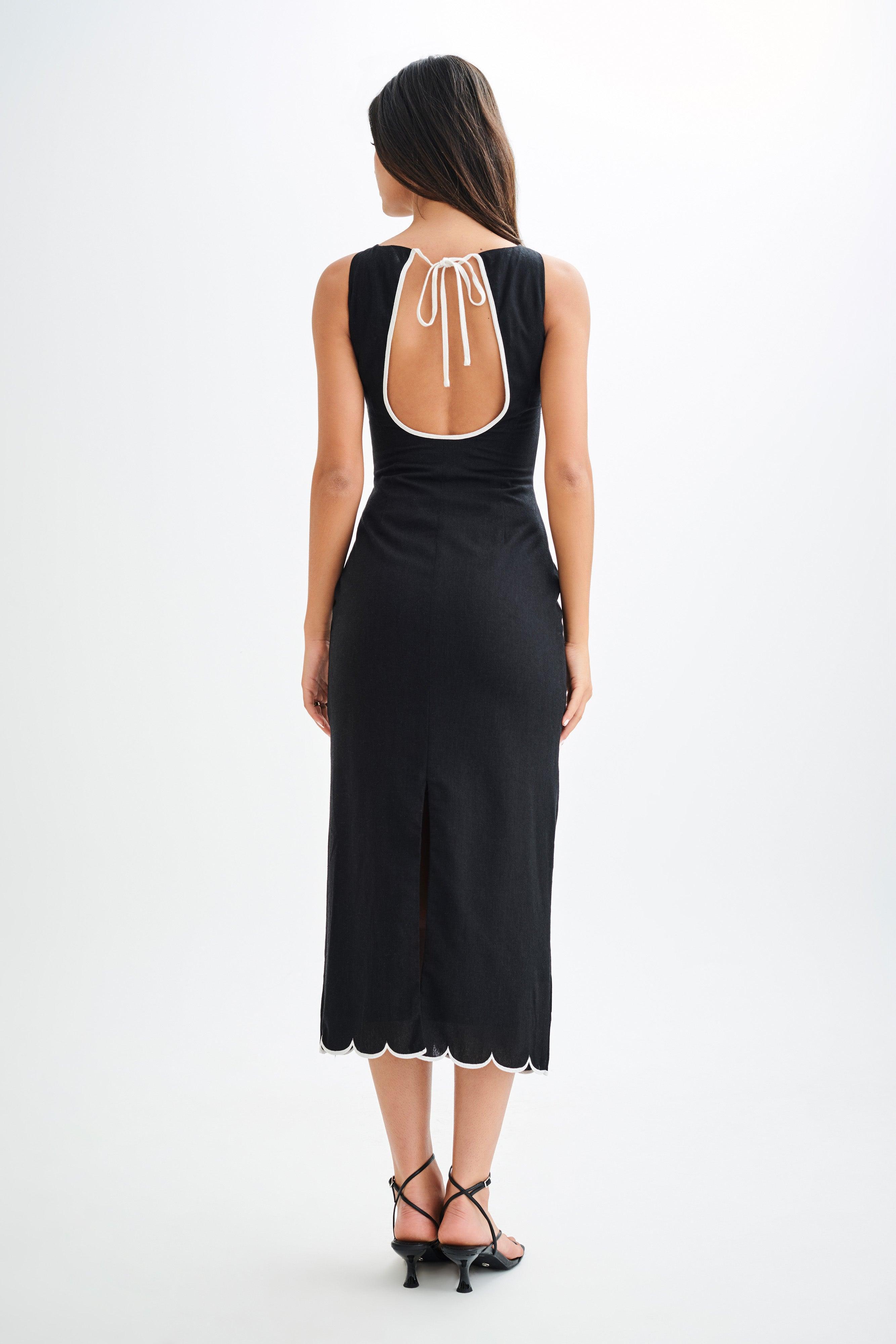 Sofiane Scalloped Linen Midi Dress - Black Product Image