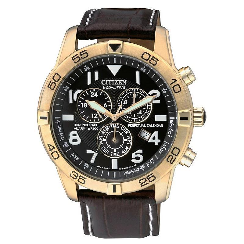 Citizen Eco-Drive Mens Gold Tone Stainless Steel Leather Strap Chronograph Watch Black Product Image