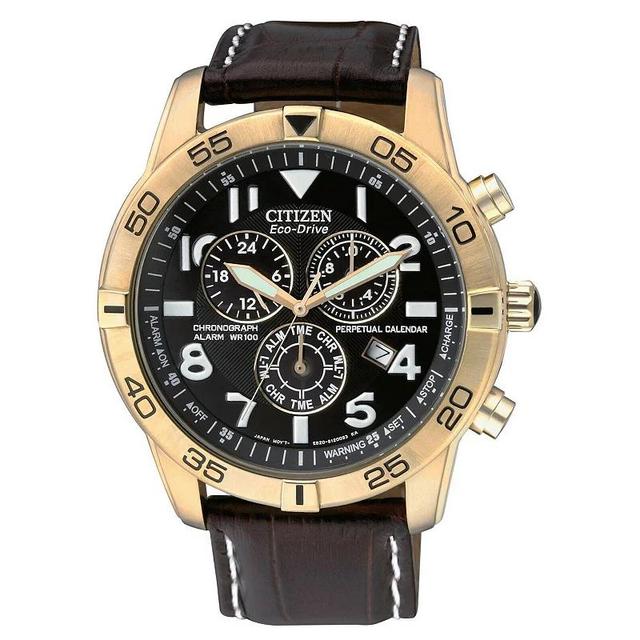 Citizen Eco-Drive Mens Gold Tone Stainless Steel Leather Strap Chronograph Watch Blue Product Image