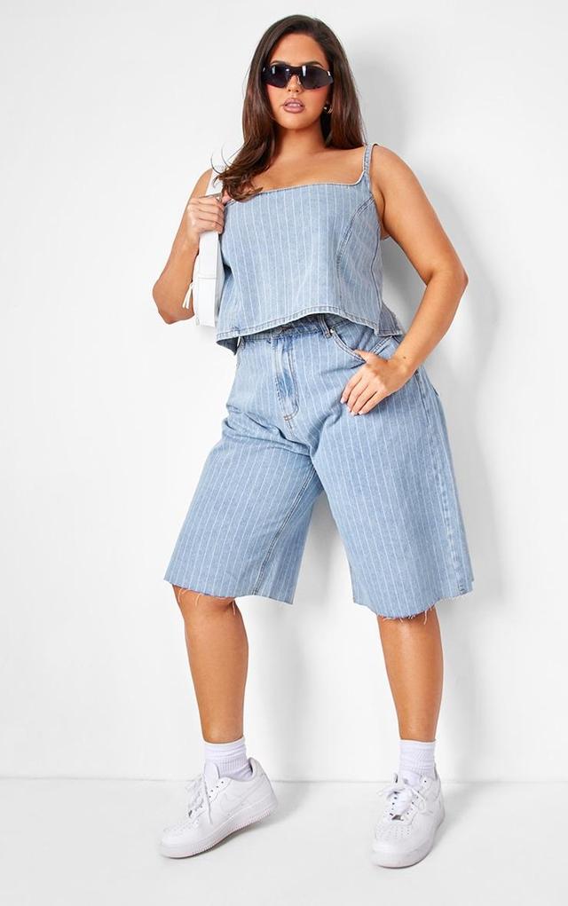 Plus Light Blue Pinstripe Long Line Denim Shorts Product Image