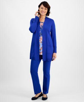 Women's Botanical Whisp 3/4-Sleeve Top, Button-Sleeve Flyaway Cardigan & Studded-Rivet Ankle Pants, Regular & Short Lengths, Created for Macy's Product Image