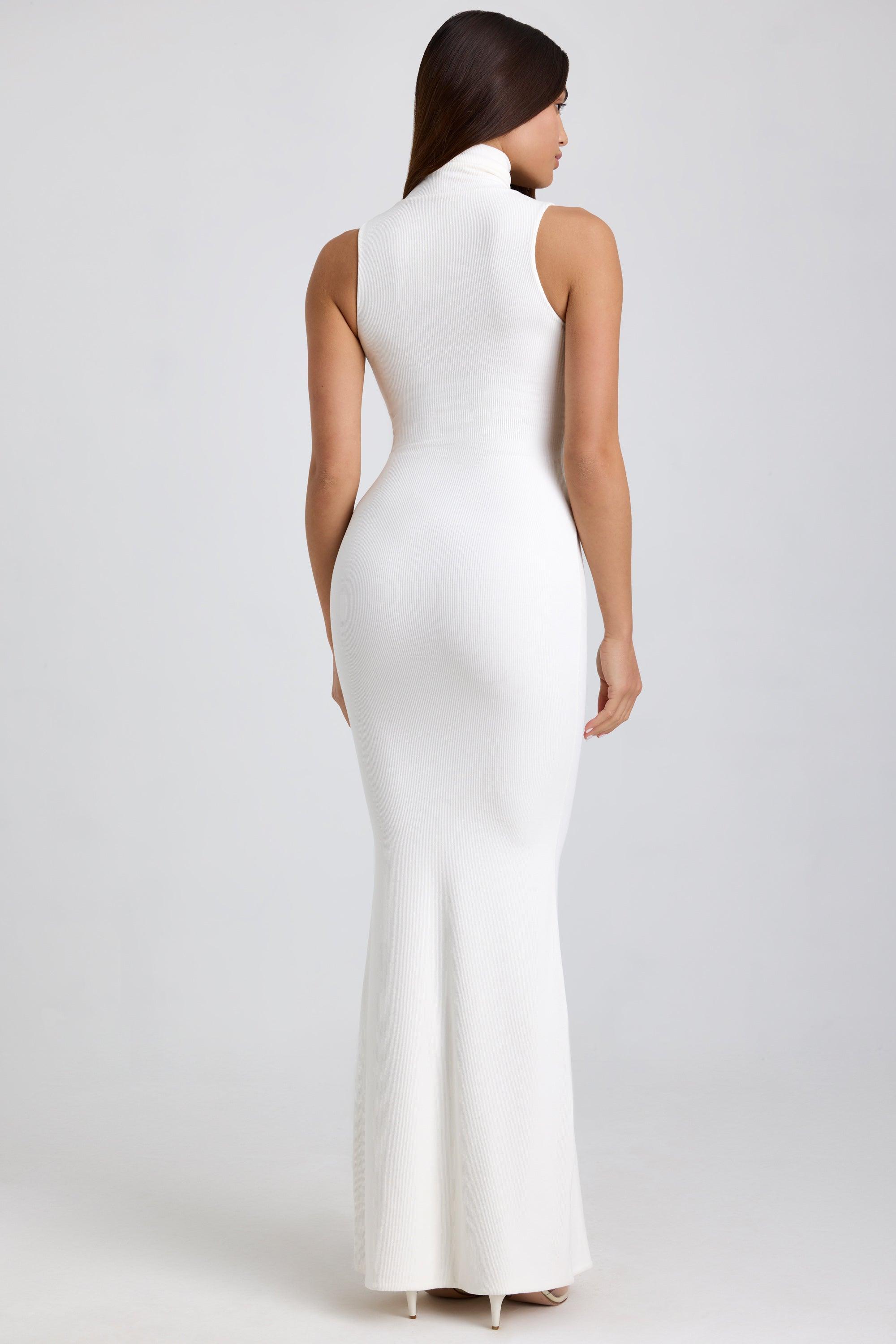 Ribbed Modal Turtleneck Maxi Dress in White Product Image