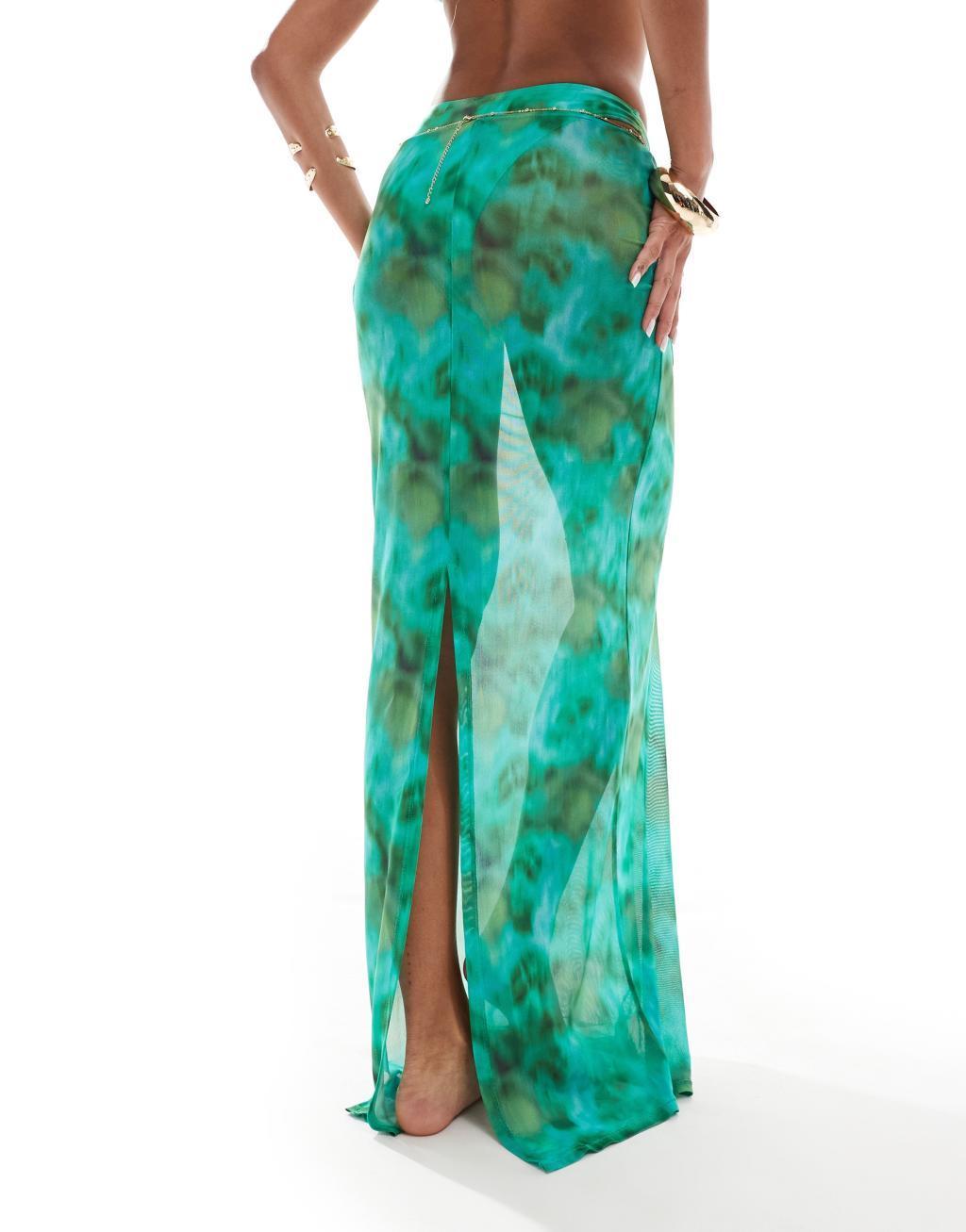 South Beach abstract print mesh maxi beach skirt in green Product Image